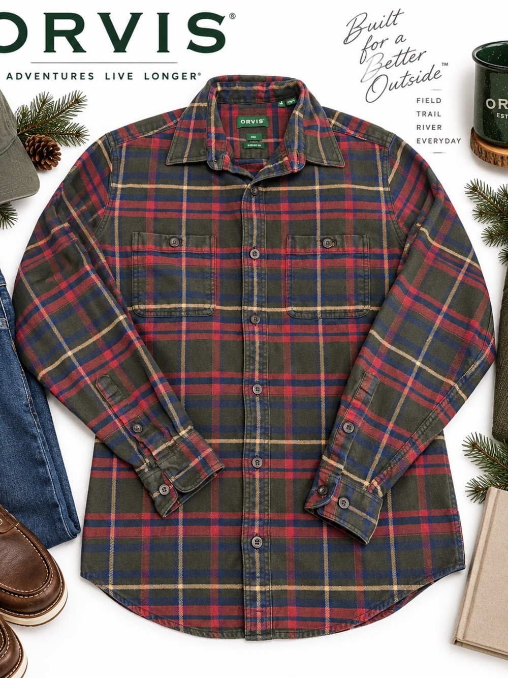 Orvis Perfect Flannel M Tall Plaid Shirt Classic Fit Outdoorsman Cabin Heritage